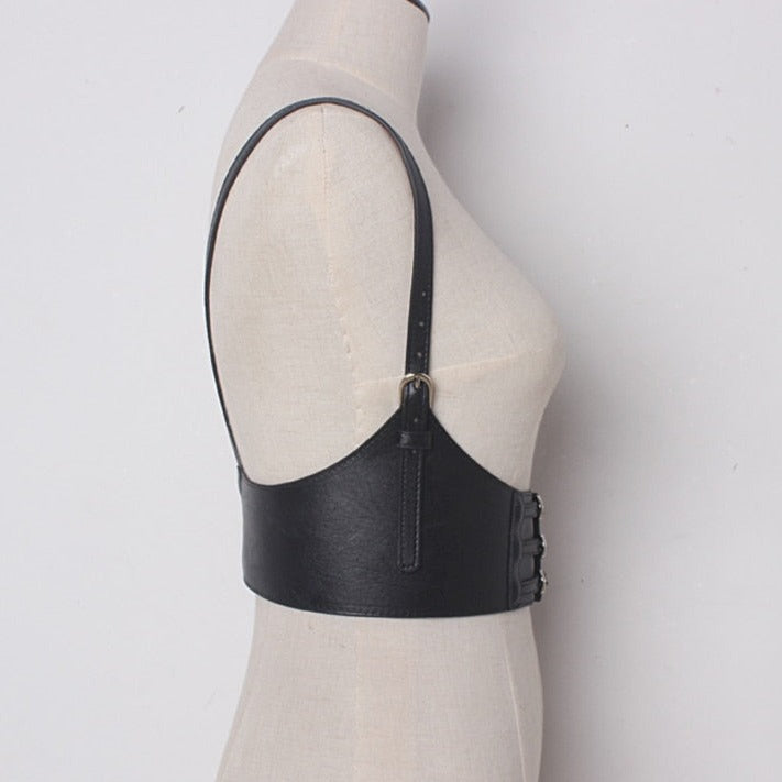 Ceinture Corset Cuir Noir (Lanière à l'épaule), corset ceinture