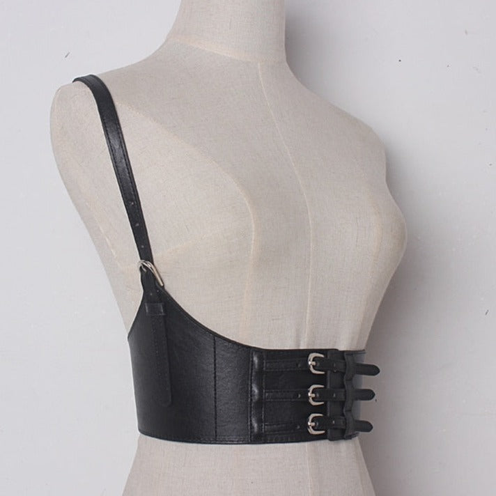 Ceinture Corset Cuir Noir (Lanière à l'épaule), corset cuir
