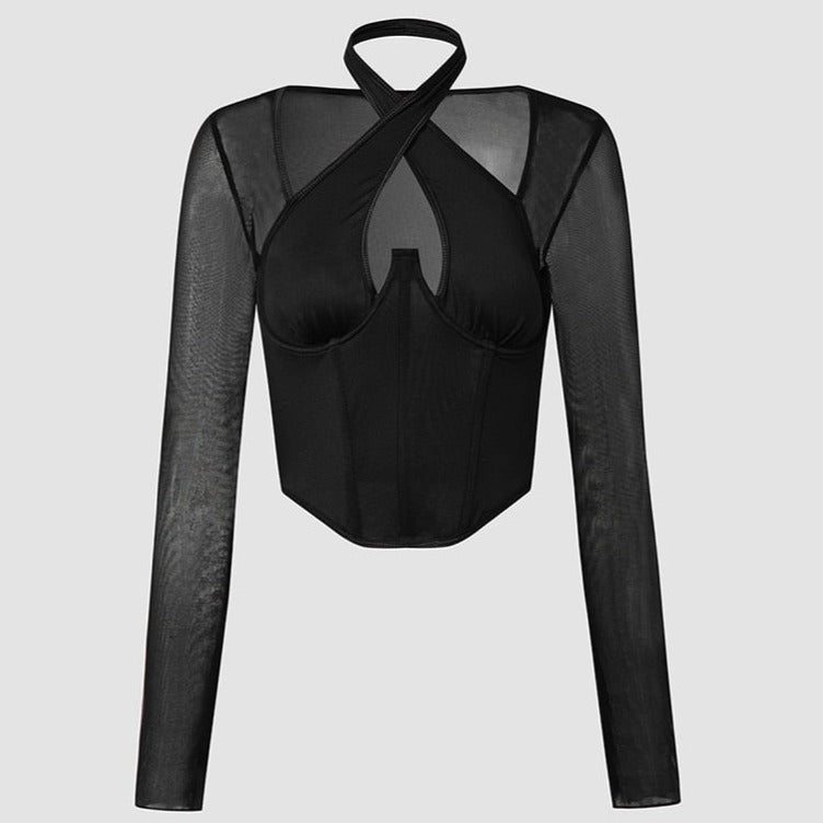 Top Corset Noir Manche Longue, corset dos nu