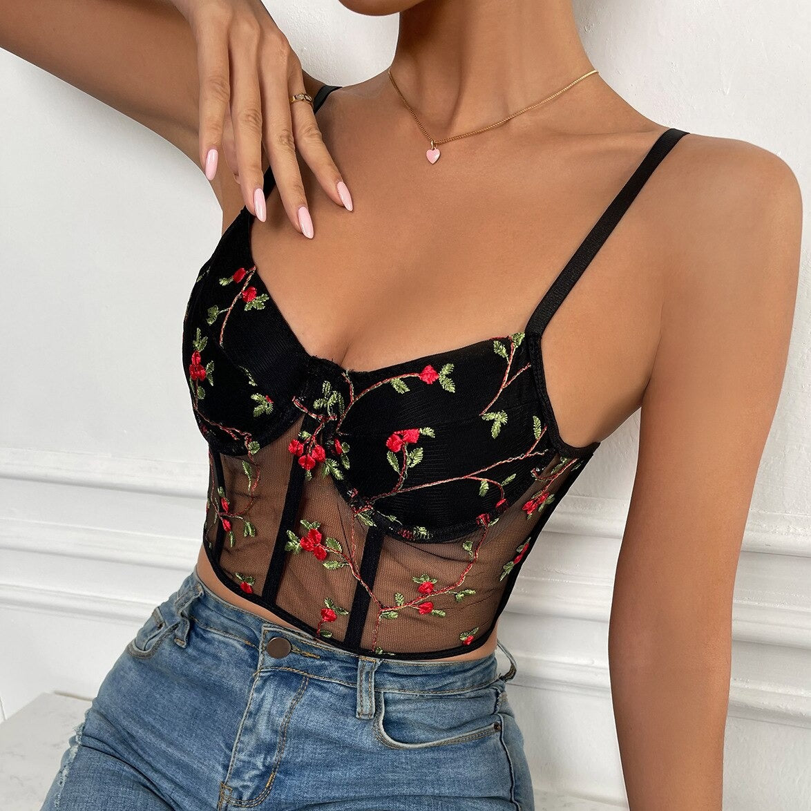 Dentelle Haut Bustier Noir Femme Corset Noir Avec Broderie Fleur