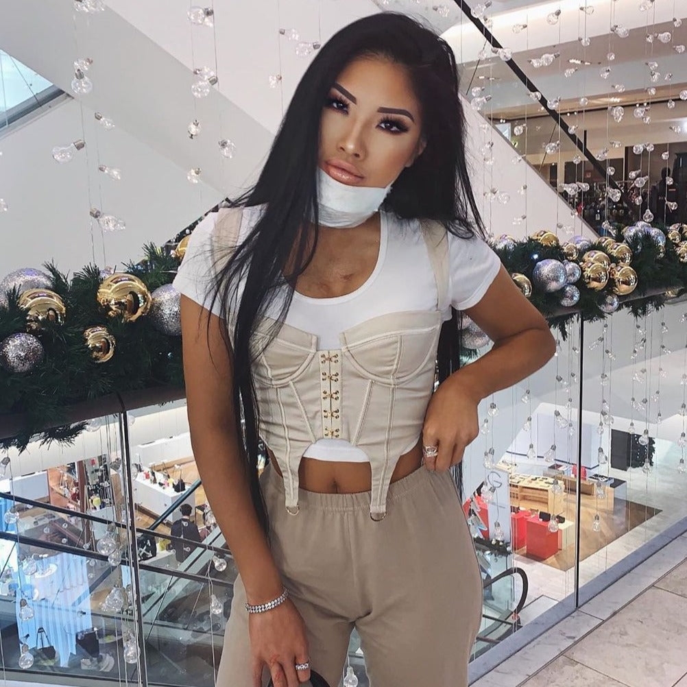 Corset Sexy Court à Bretelles (Beige), corset crop top