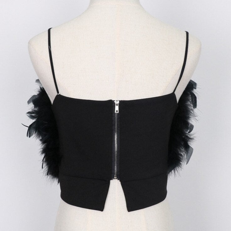 Haut Bustier Noir Avec Plumes, bustier femme tenue de soirée