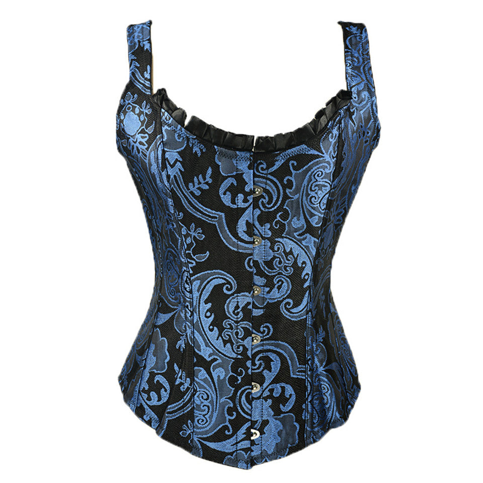 Corset Steampunk Jacquard Noir Et Bleu Nora