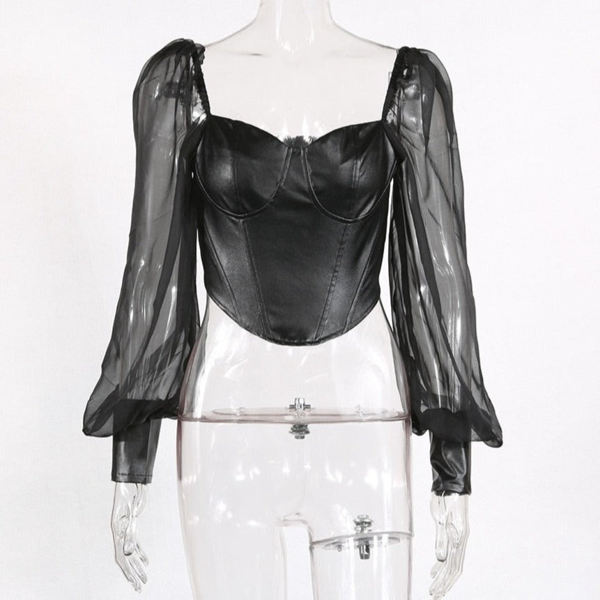 Bustier Noir en Cuir avec Manches Longues, bustier chic