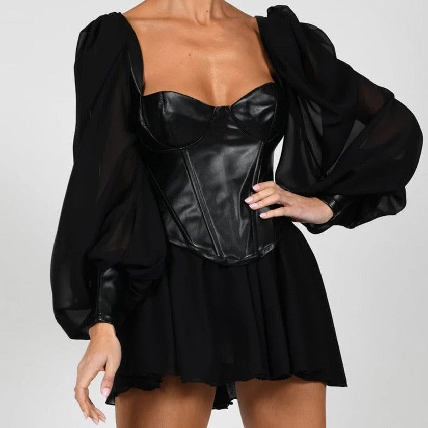 Bustier Noir en Cuir avec Manches Longues, corset pour femme