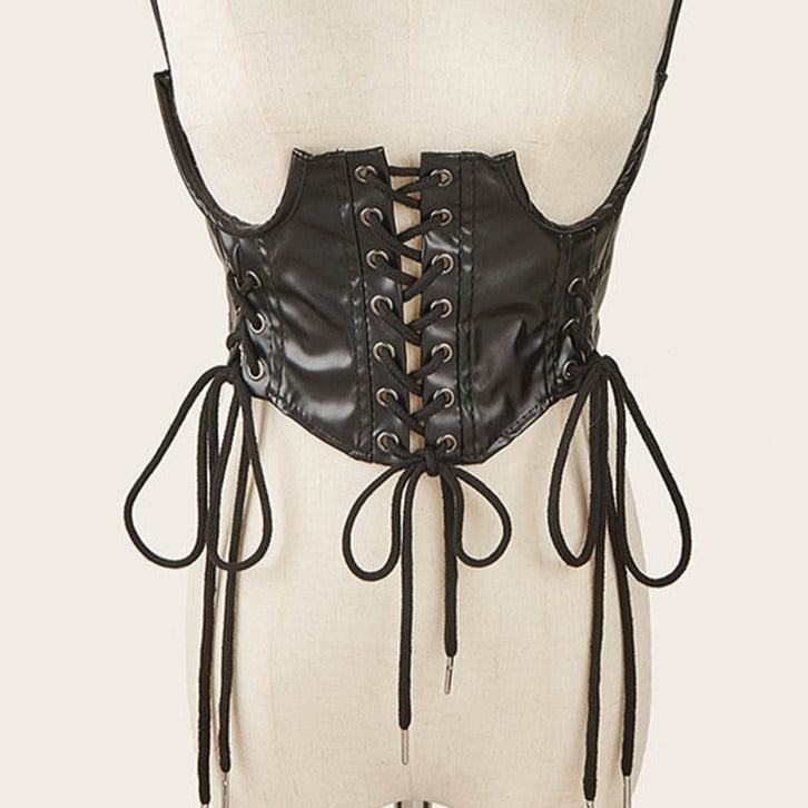 Ceinture Corset Noir en Cuir Avec Bretelles, bustier femme underbust