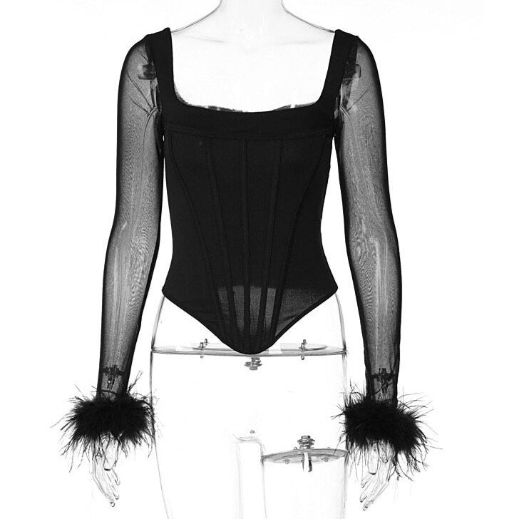 Top Bustier Plume Noir Avec Corset Manche Longue, bustier en plume