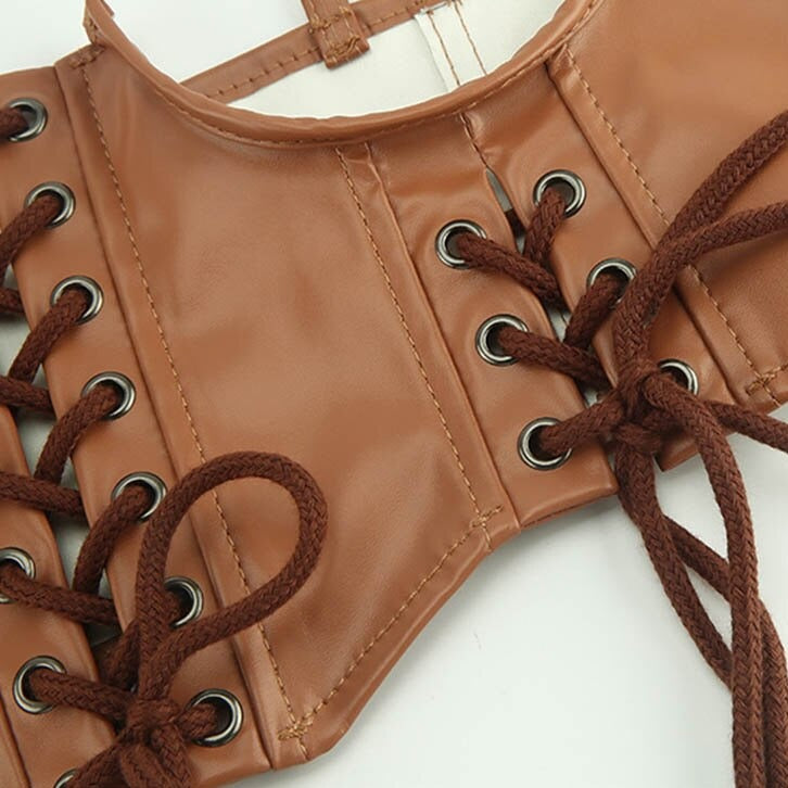 Ceinture Corset en Cuir Marron Avec Bretelles, bustier en cuir pour femme