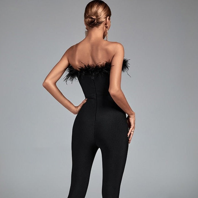 Combinaison Bustier Noire Avec Plumes, combinaison bustier femme
