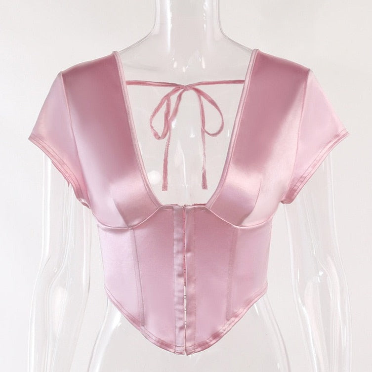 Top Corset Rose Dos Nu, bustier rose poudrée