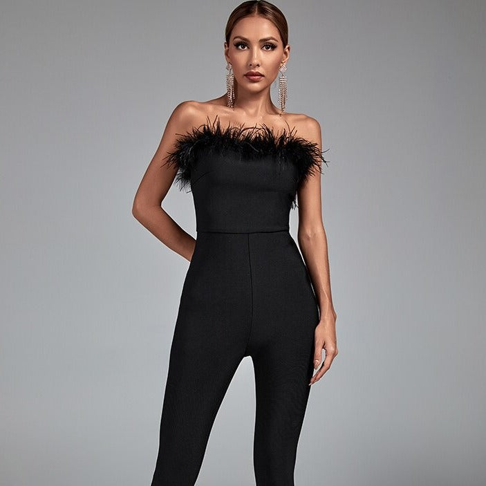 Combinaison Bustier Noire Avec Plumes, combinaison bustier femme