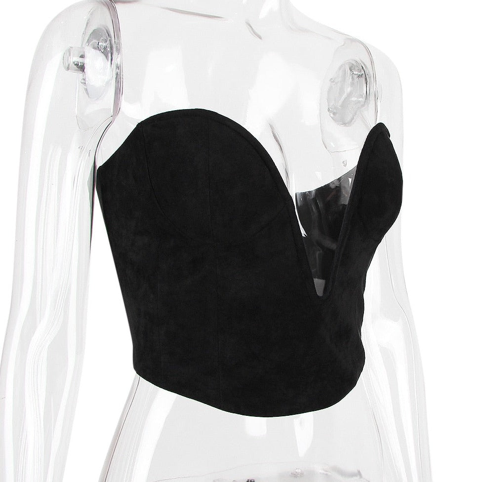 Bustier Noir En Daim Avec Décolleté Plongeant, bustier à fermeture