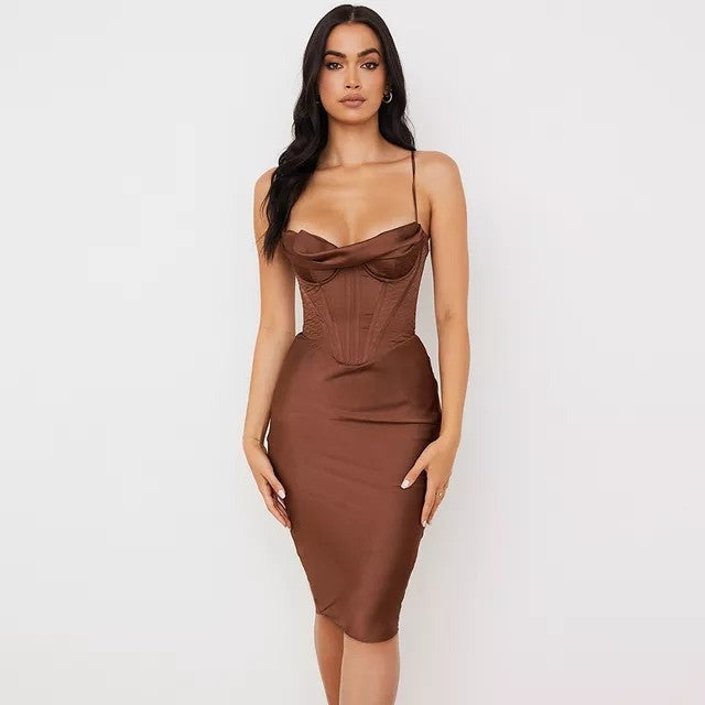 Robe Corset Cintrée Marron (Soirée), robe marron