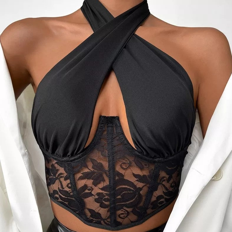 Corset Crop Top Élégant Noir, top corset pour femme