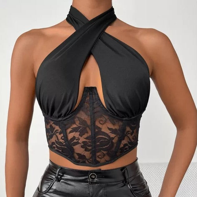 Corset Crop Top Élégant en Dentelle Noire, corset pour soirée