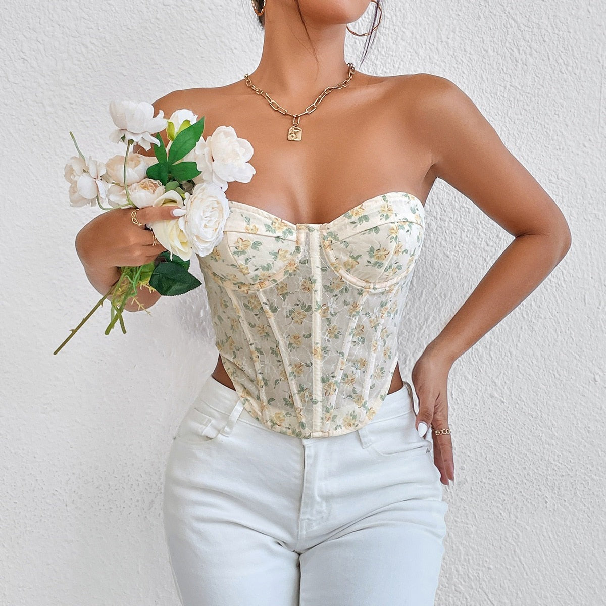 Bustier Top Floral à Lacets