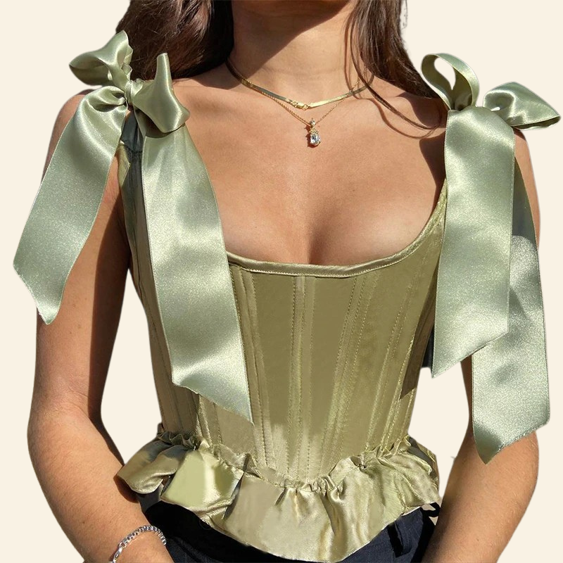 Top Corset Vert Époque Victorienne à Rubans, corset top long
