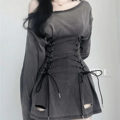 Robe Avec Corset Gothique Gris Fonce