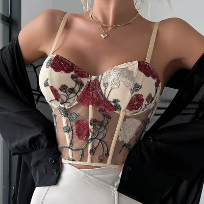 Corset Fleuri Femme Blanc Transparent, corset brodé