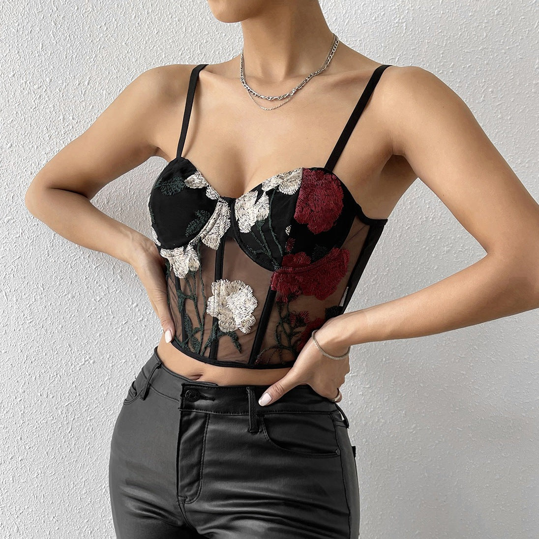 Corset Fleuri Femme Noir Transparent, corset brodé