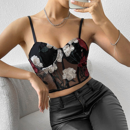 Corset Fleuri Femme Noir Transparent, corset court crop top