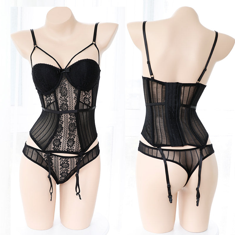 Corset Sexy Sous-Vêtement en Dentelle Avec Porte-Jarretelles (Noir), corset grande taille
