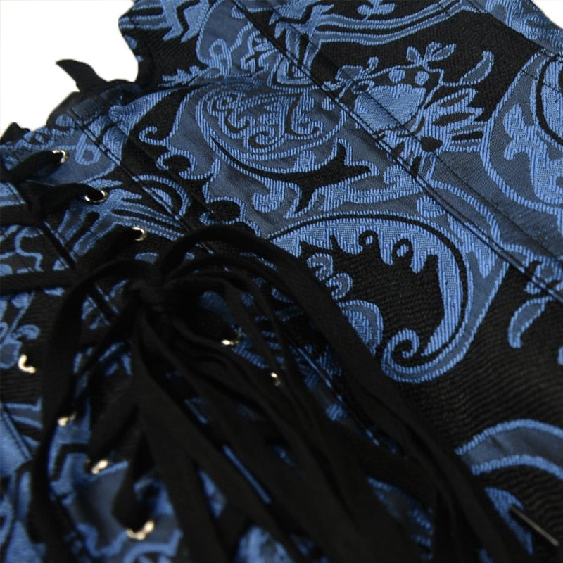 Corset Steampunk Jacquard Noir Et Bleu Nora,  underbust steampunk corset