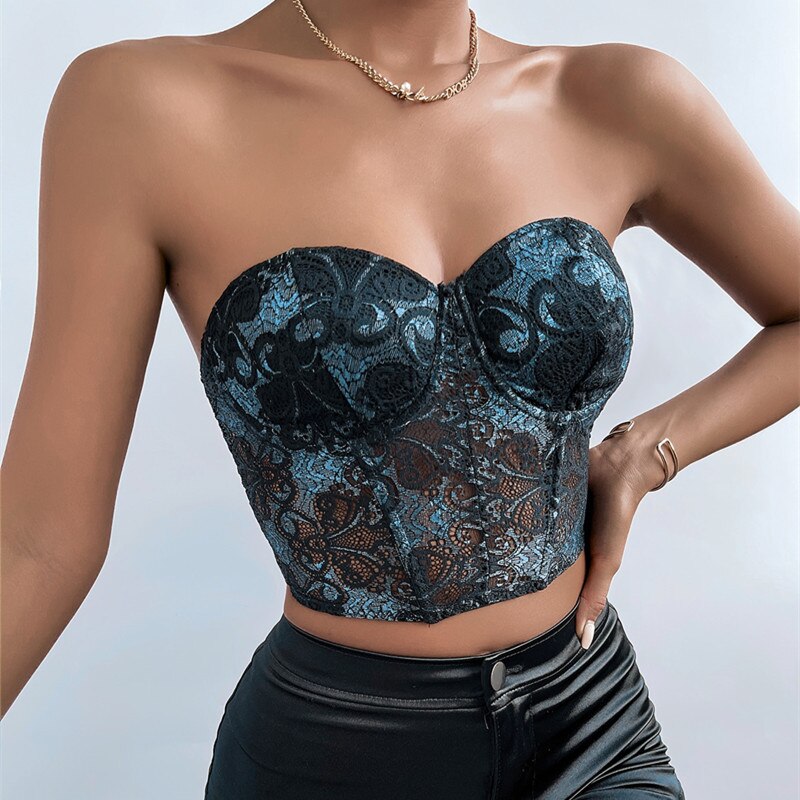 Corset Dentelle Bustier Femme Noir Bustier Top Bleu Transparent