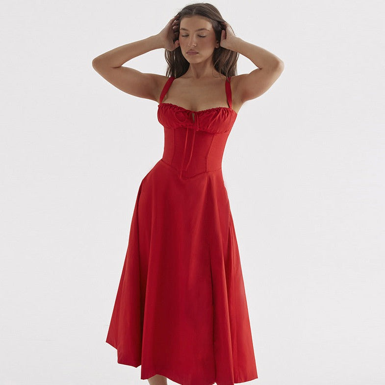 Robe Bustier Longue Rouge avec Corset, robe bustier chic