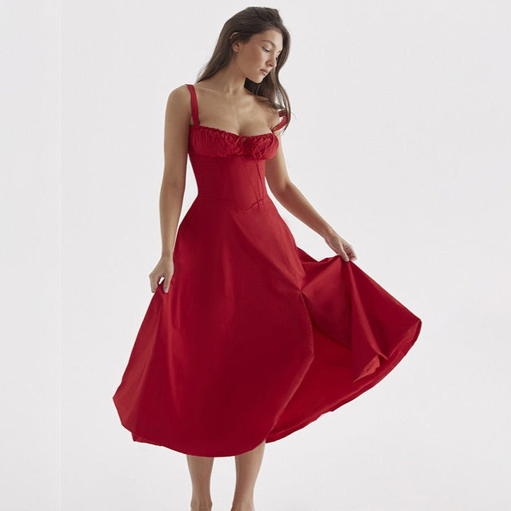 Robe Bustier Longue Rouge avec Corset, robe avec corset intégré