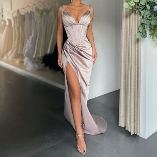 Robe De Soirée Chic Et Glamour Bustier Longue Satin Rose Avec Fente