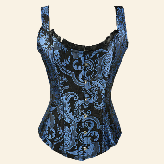 Corset Steampunk Jacquard Noir Et Bleu Nora, corset steampunk femme
